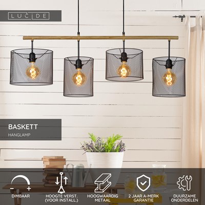 Lucide BASKETT - Hanglamp - 4xE27 - Zwart